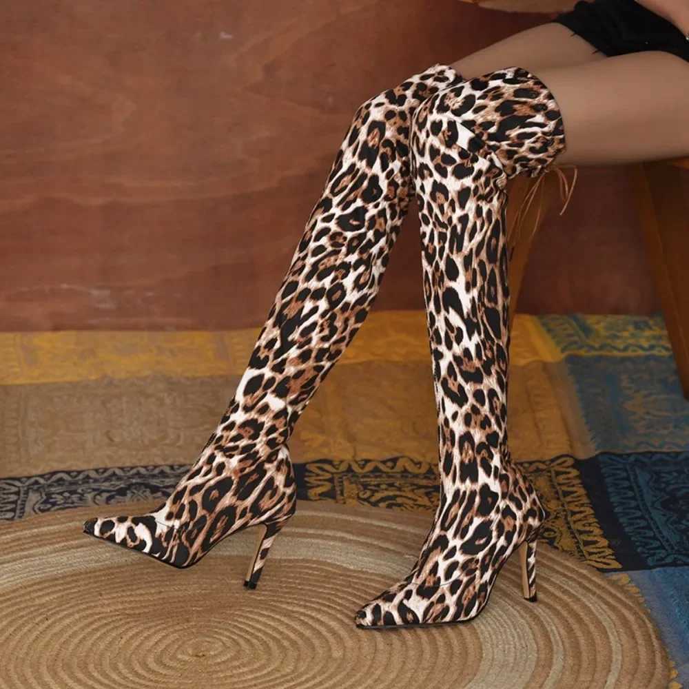 High Quality Wenfei boots autumn winter leopard print knee H Quty suede Lg Cfort Pointed sexy boots thick elastic boots T241206