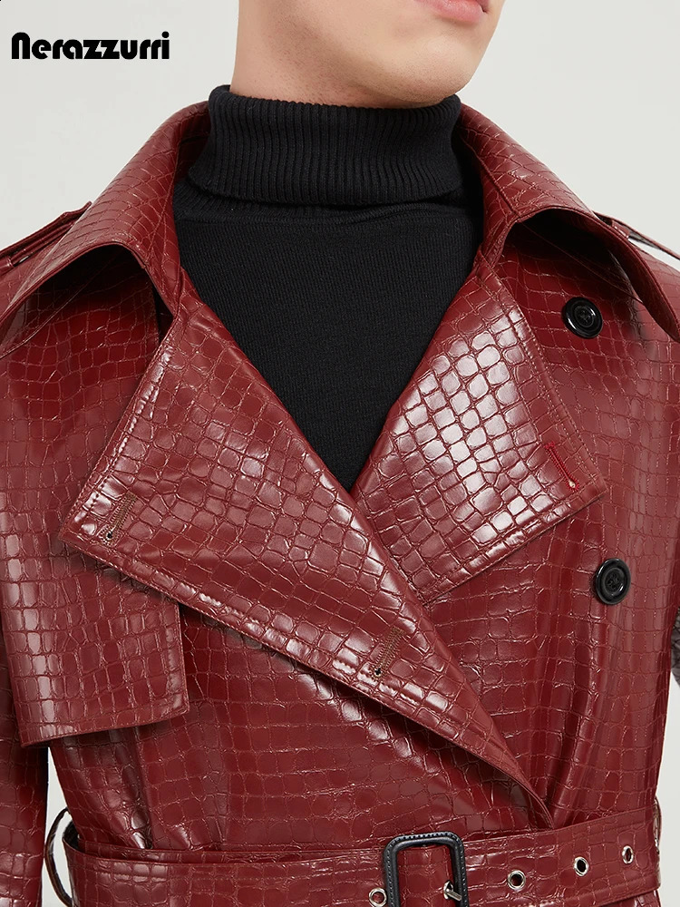 Nerazzurri Spring Autumn Cool Long Elegant Chic Shiny Print Pu Leather Trench Coat Men Belt er Clothes 241119