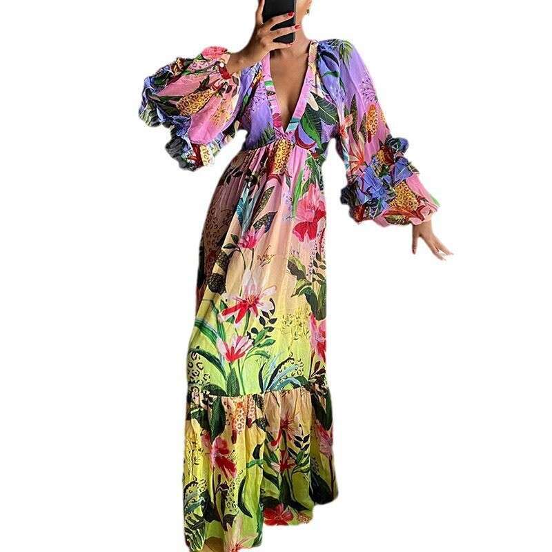 summer printed gradient color ruffle V-neck sexy slim formal dress 2024 new style chic and elegant clothing