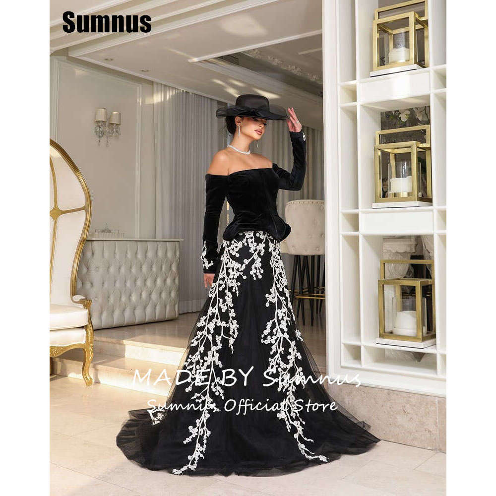 Sumnus Black A-e Velour Prom Dresses Elegant Off Shoulder Evening Dress or Length Backless Applique Formal Gown Customized