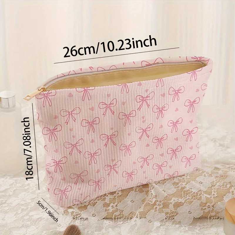 Minimally designed pink bow pattern printed corduroy zipper makeup bag lightweight and multifunctial cosmetic storage bagXJ241206