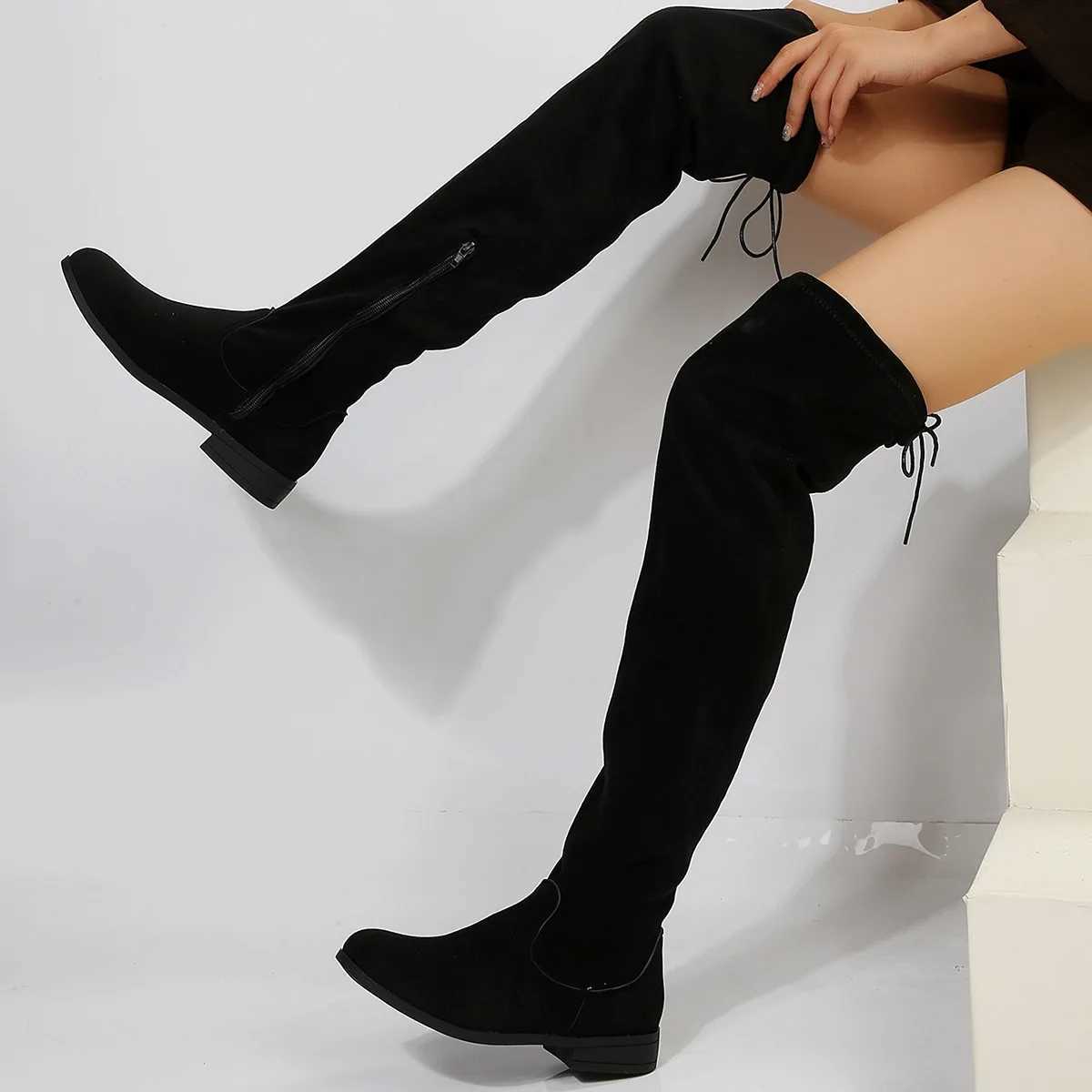 High Quality Artificial suede Fem autumn zipper elastic knee high boots used for lace high Gigh boots black Botas unprinted good products T241206