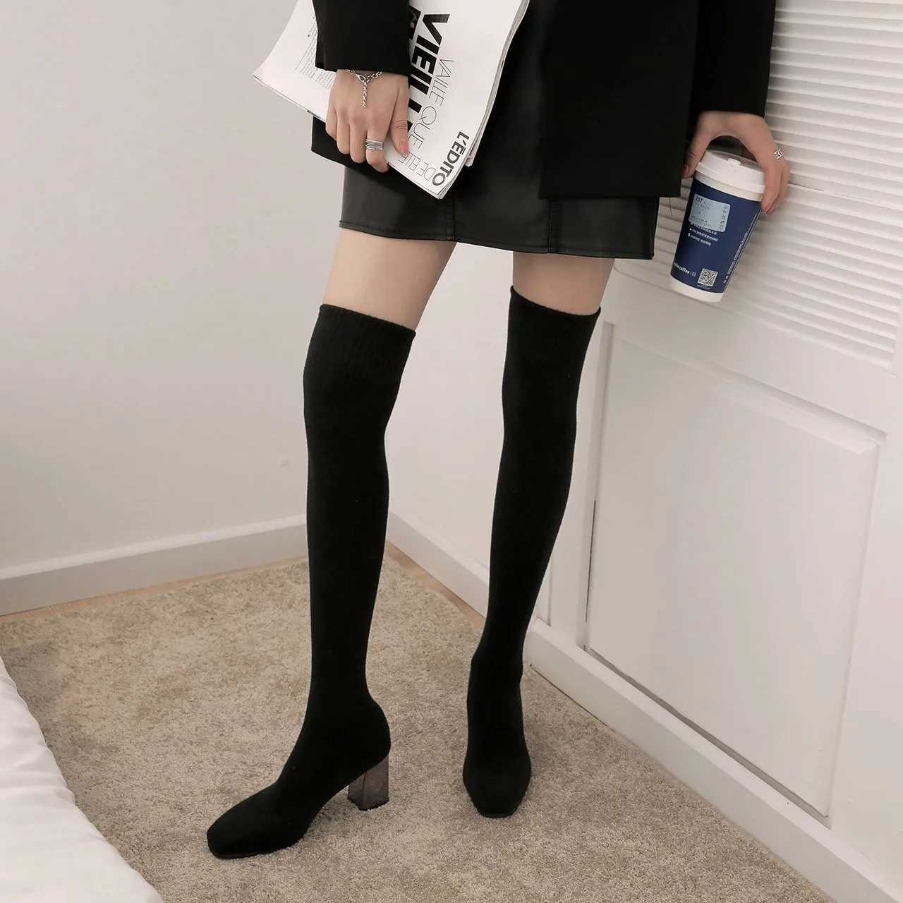 High Quality Breathable and comfortable shoes Lg tight boots low H womens knee boots high boots warm knit sock boots T241206