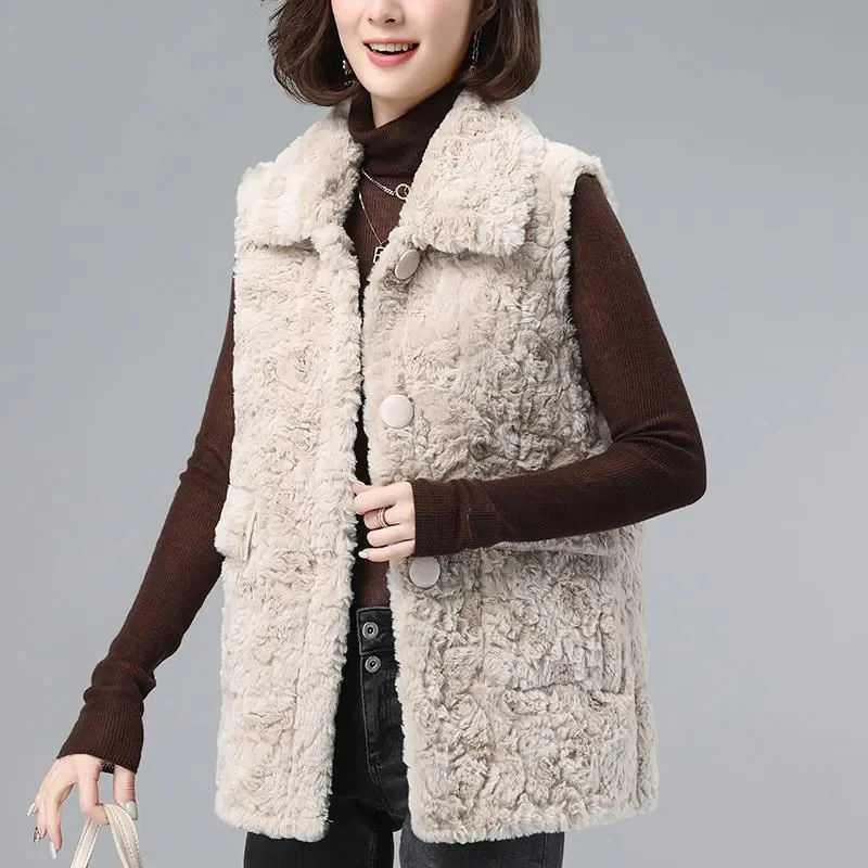 Vest Womens 2023 Winter New Korean Version Of the Lapel Fur All-In-One Lamb Wool Jacket Casual Short Waistcoat M7XJ241206