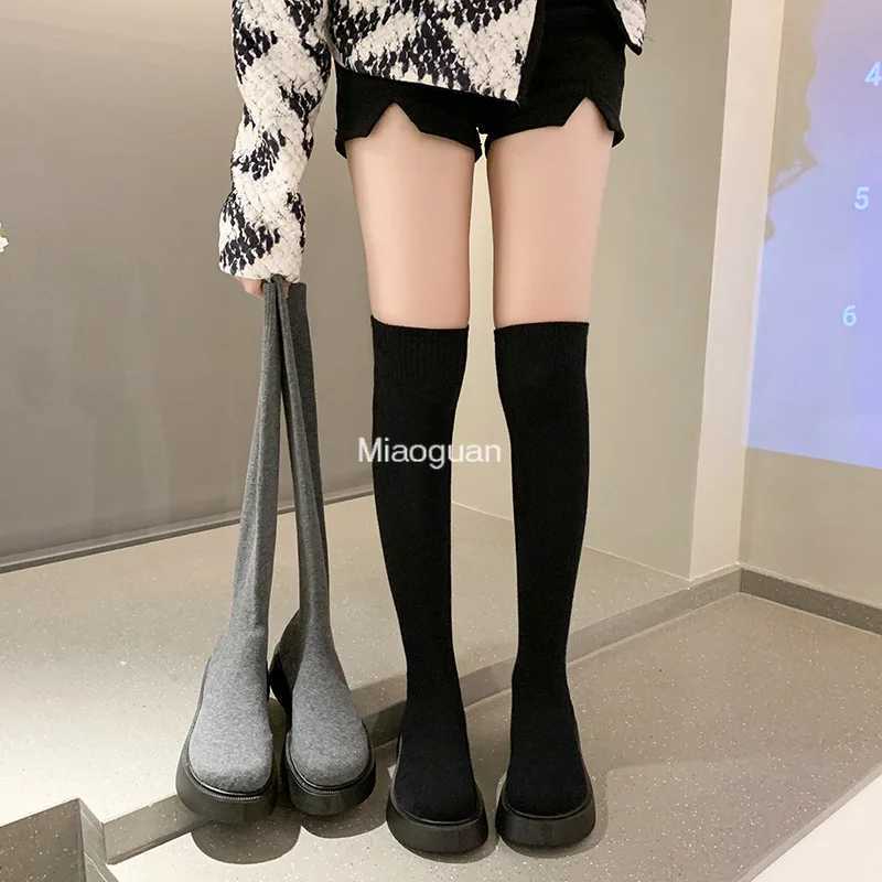 High Quality In the winter and autumn of the platform on Wens knee ladies street knitted socks Lg boots slippery boots shoe rings T241206