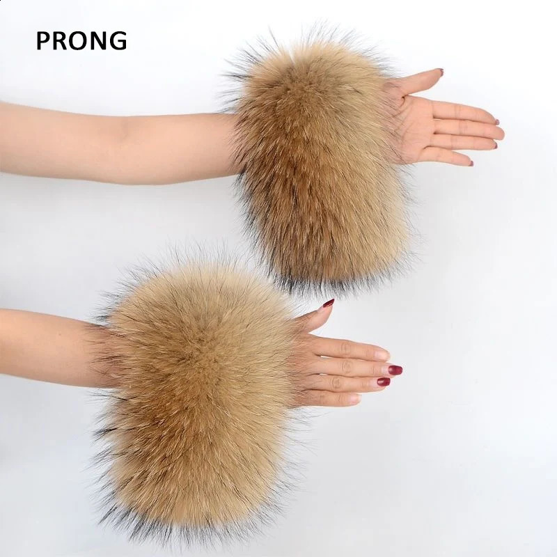 Real raccoon fur cuffs arms warm hands womens bracelets natural fur wristbands gloves sweaters jackets plush cuffs warm hands in winter 241206