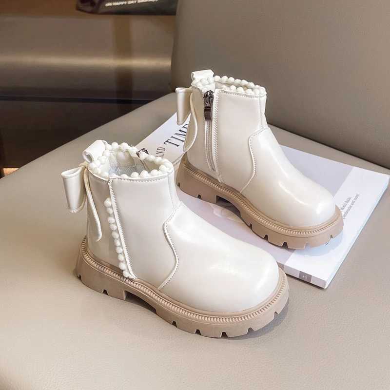 2024 Children Leather Plush Boots for Girls Winter New Fashion Korean Sle Soft Bottom Anti-slippery Versatile Chic Zip ShoesXJ241206