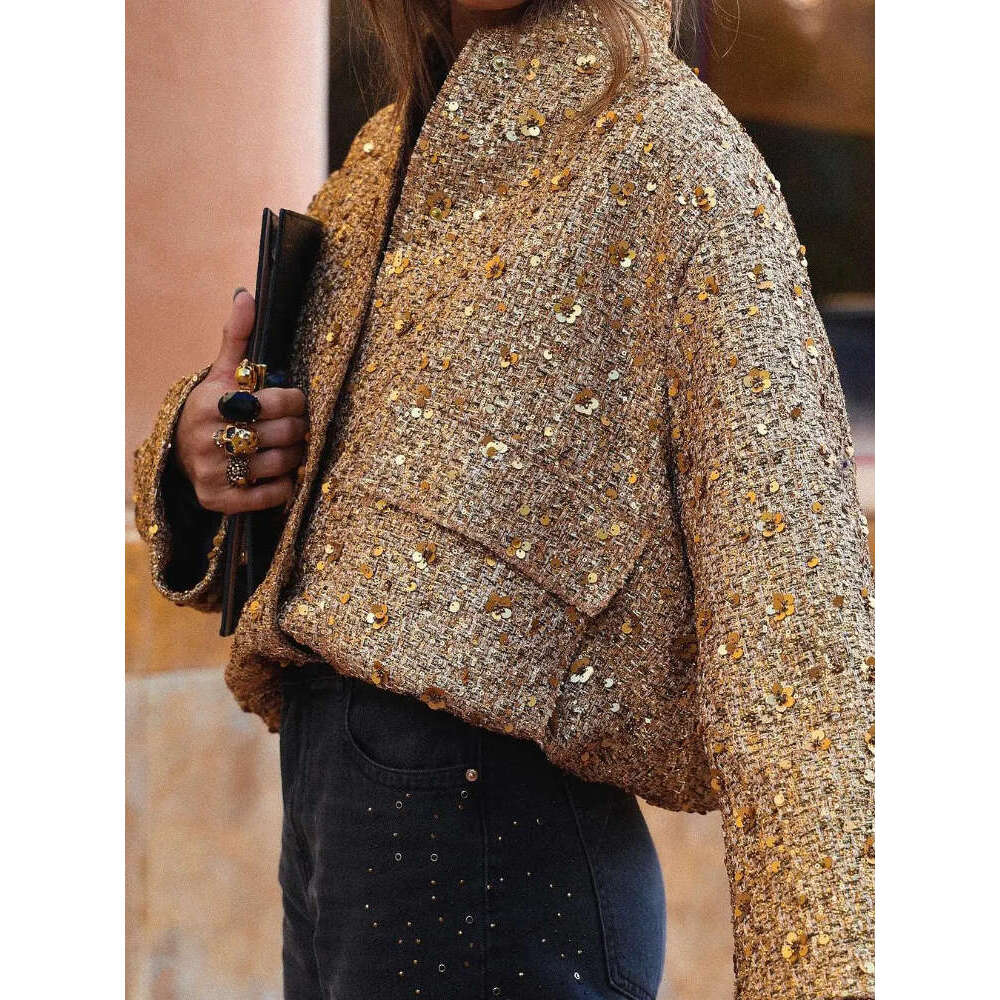 Women's Sequined Bomber Fall New Round Neck Long Sleeve Pocket Stretch Hem Sequins Jacket Coat Female Chic Outerwear
