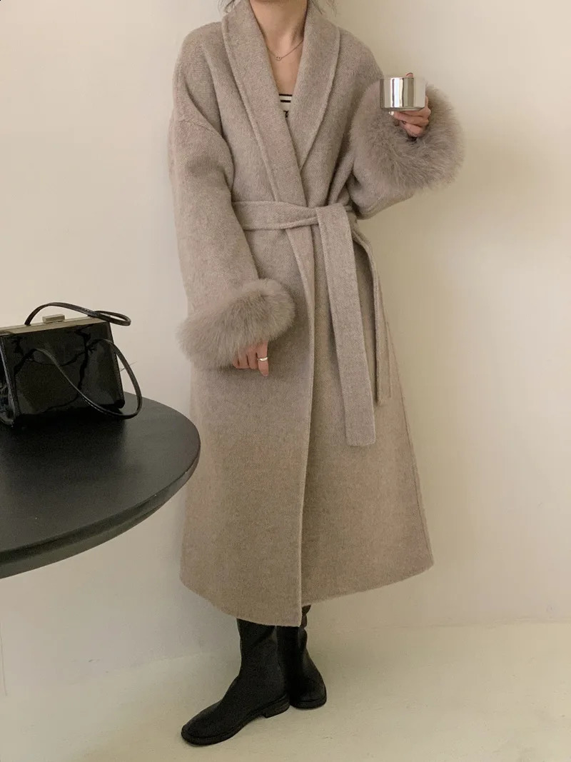 EOEN Womens Long Collar Double sided Autumn/Winter Project Solid Color Simple Detachable Cuffs Fox Fur Coat 241205