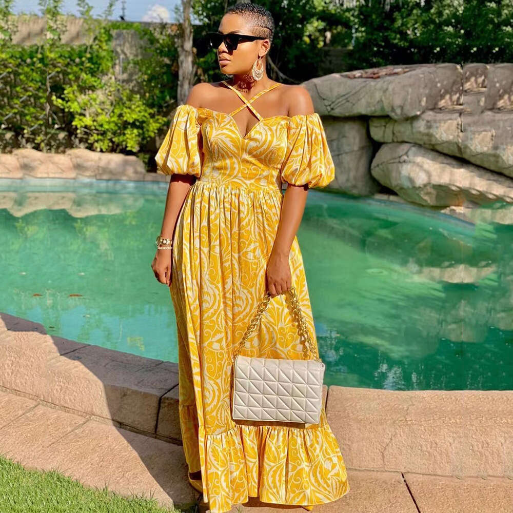 spring/summer European and American women's dress with printed slit, strapless, hanging neck, V-neck long skirt, 2024 versatile temperament, new 