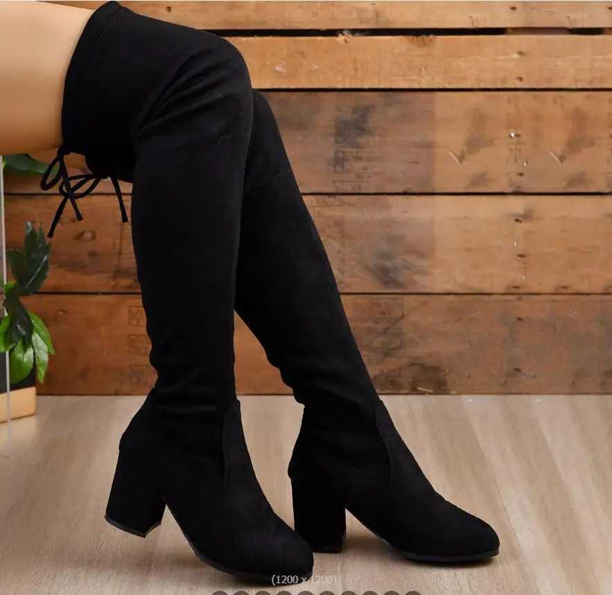 High Quality New thick sock boots knee high webbing autumn short and chubby H black suede leather elegant and sexy high heels large size T241206