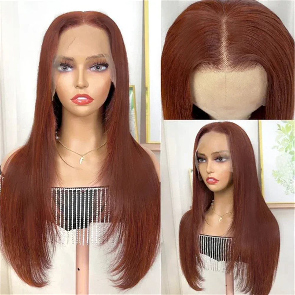 Reddish Brown Copper Red Synthetic Front Wigs For Black Women Layered Cut Glueless Straight Lace Wig