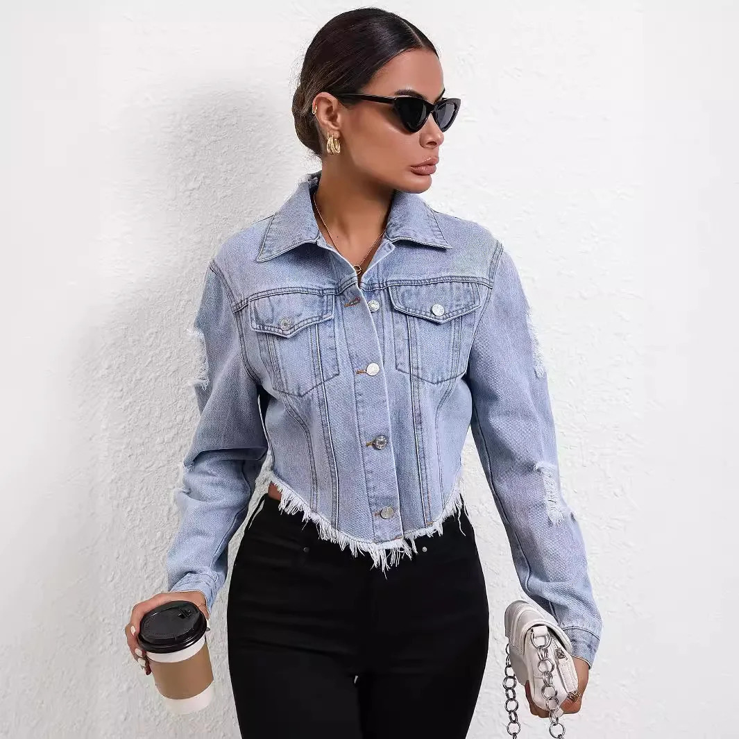 Open collar womens denim jacket single chest open solid streetwear pocket washed buttons 241206