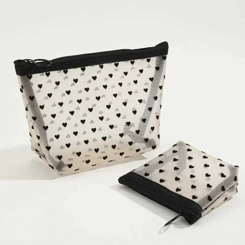 Nyl Mesh Cosmetic Bag Zipper Heart Shaped Toiletry Organizer Makeup Bags Multifunctial Women Lipstick Key Coin Purse PouchXJ241206