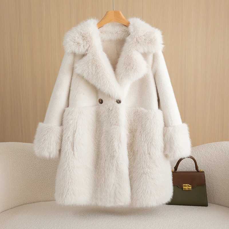 Winter Warm Womens Coat Refined Imitation Gold Mink Velvet Long-Cut Coat Comfortable Big Fur Collar Windproof Womens ClothingXJ241206