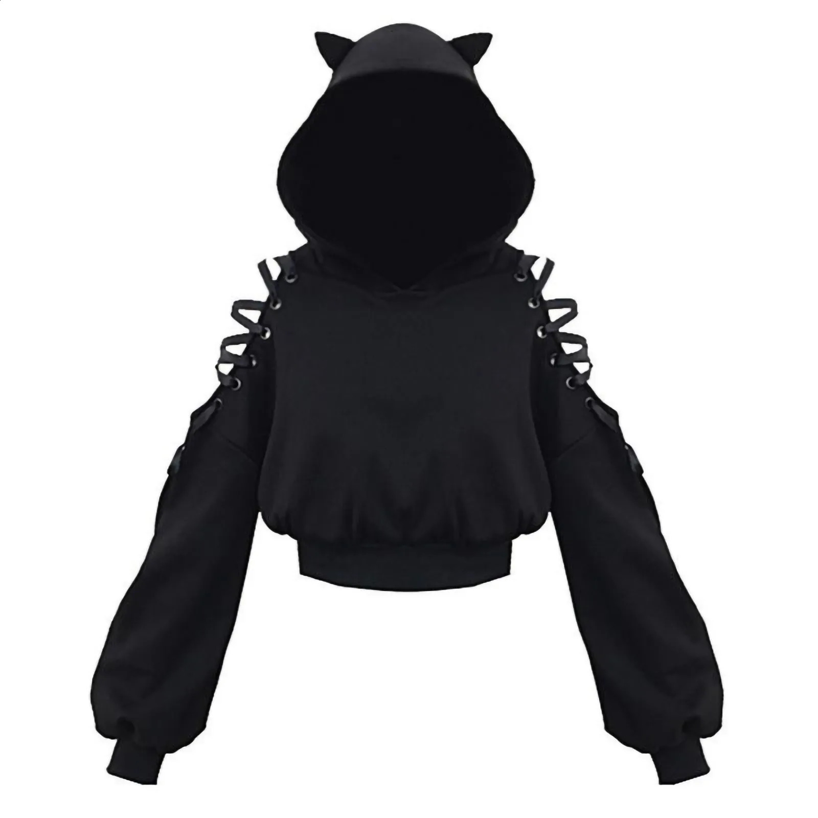 Y2k Gothic Off Shoulder Cat Ear Pullover For Women HollowOut Lace Up Sweatshirt Kpop Crop Tops Long Sleeve Hooded Hoodie 241203
