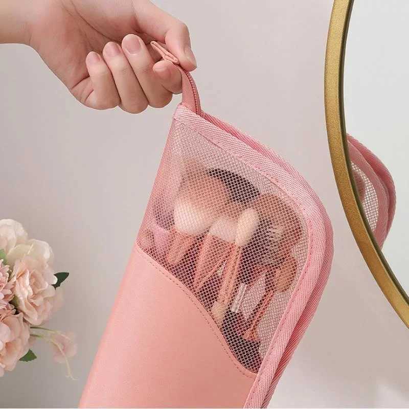 Portable Cosmetic Bag Travel Toiletry Bag Zipper Makeup Brush Organizer Makeup Bags Stand Toiletry BagsXJ241206