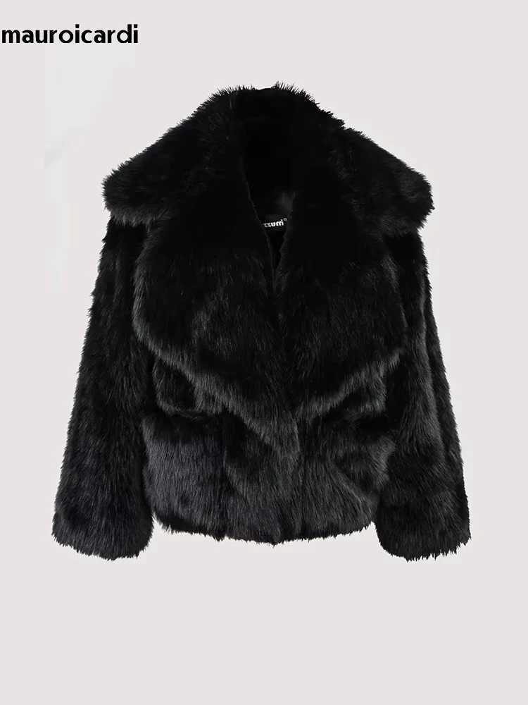 Mauroicardi Winter Short Oversized Hairy Soft Thick Warm Black Faux Fur Coat Women Loose Luxury Blue White Pink Fluffy JacketXJ241206