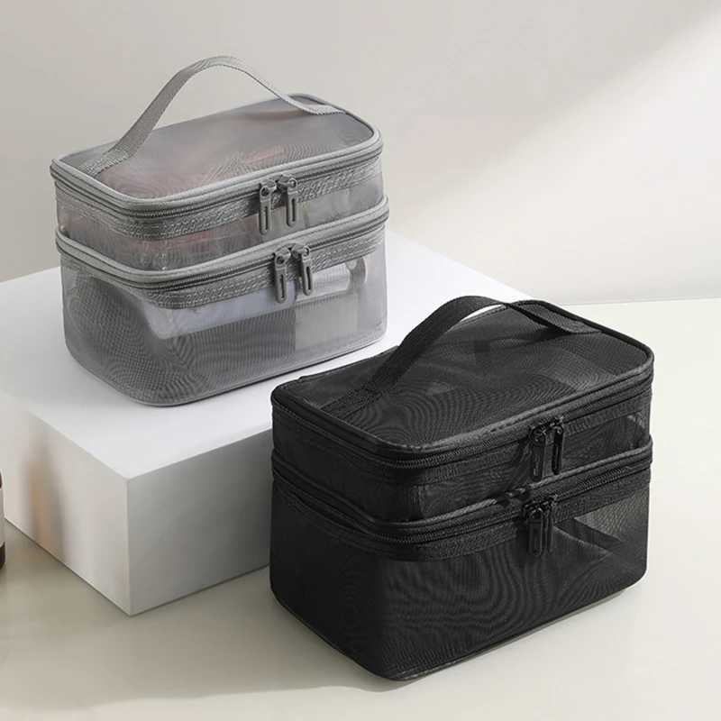 Travel 2 Layers Cosmetic Organizer Bag Transparent Folding Mesh Zipper Storage Pouch Large Capacity Makeup W Kit Bag 2024XJ241206