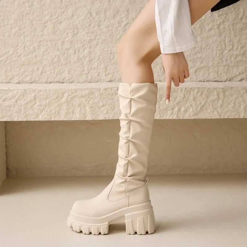 High Quality Warm motorcycle Lg boots autumn and winter warm knee high boots leather boots womens thick soled platform Botas MUJI high H T241206