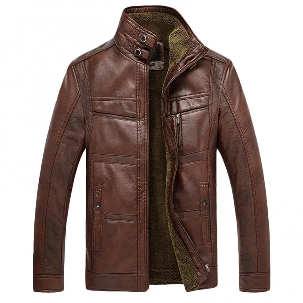Brown Leather Jacket Thicken Fleece Lined Men Stand Collar Slim Motorcycle PU Biker Mens Clothing 241202
