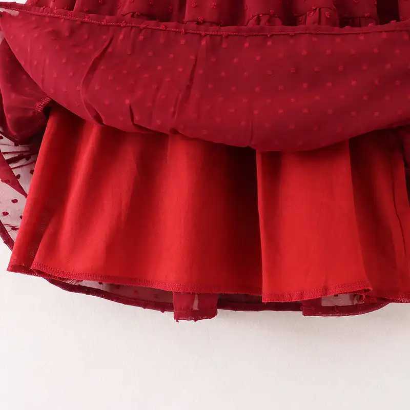 Girlymax Fall Baby Girls Kids Children Clothes Dark Red Swiss Dot Dress Knee Length Tutu Skirt Long SleeveXJ241206
