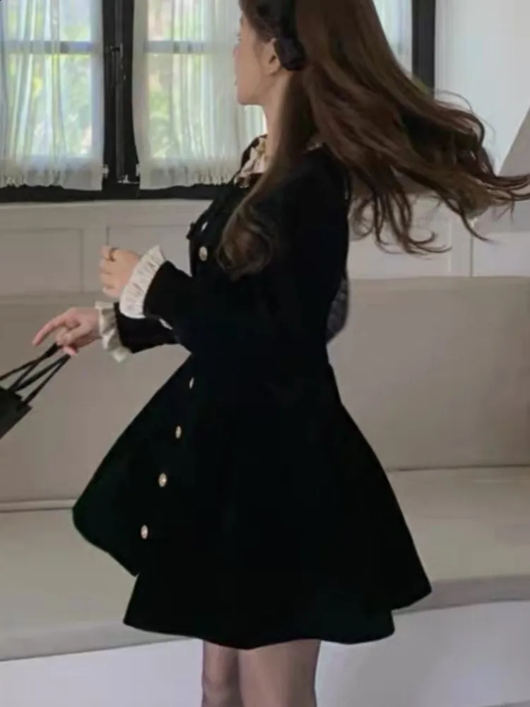 Korean Black Velvet Womens Single Chest Long Sleeve Party Evening Dress Autumn Y2K Fashion A-line Vestido Mujer 241206
