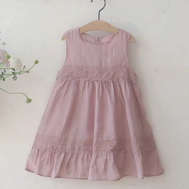 Girls Casual Dresses Spring Korea Girls Children Clothing Solid Color French Cotton Lace Vest 2024 Round Collar SimpleXJ241206