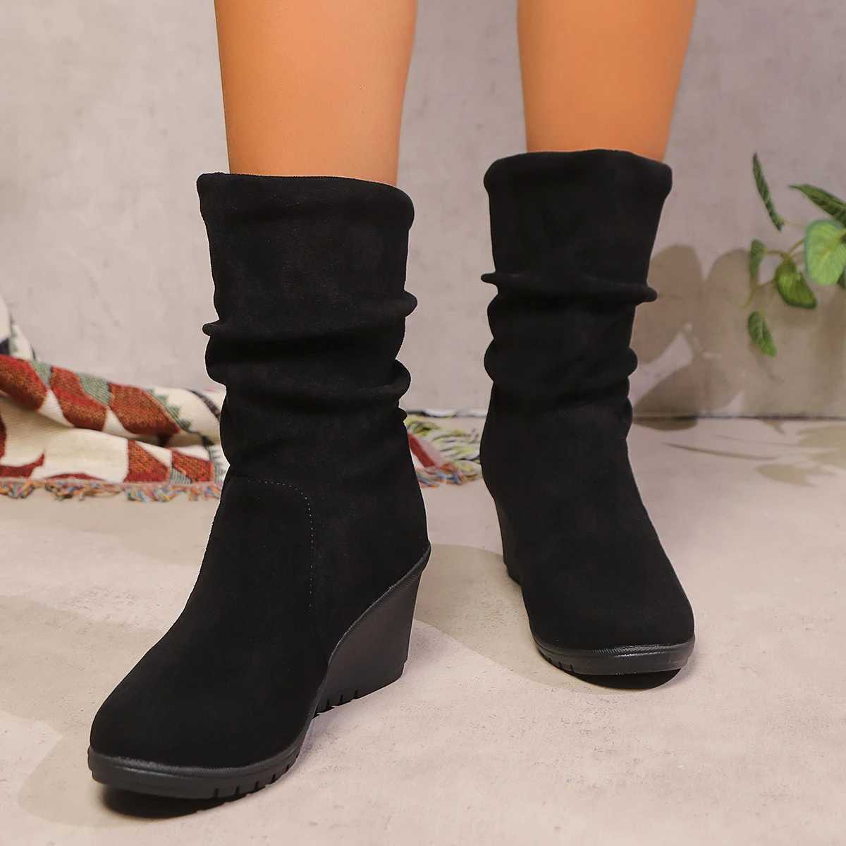 High Quality Wen Wedges Boots New Winter Fi Casual Shoes Suitable for Wen Elegant High H Round Head Platform Solid Color Boots Wen T241206
