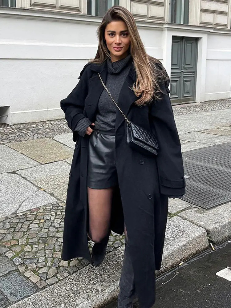 Fashion Black Double layer Wool Coat with Belt Womens Fashion Collar Long sleeved Coat Autumn Womens Street Dress 241205