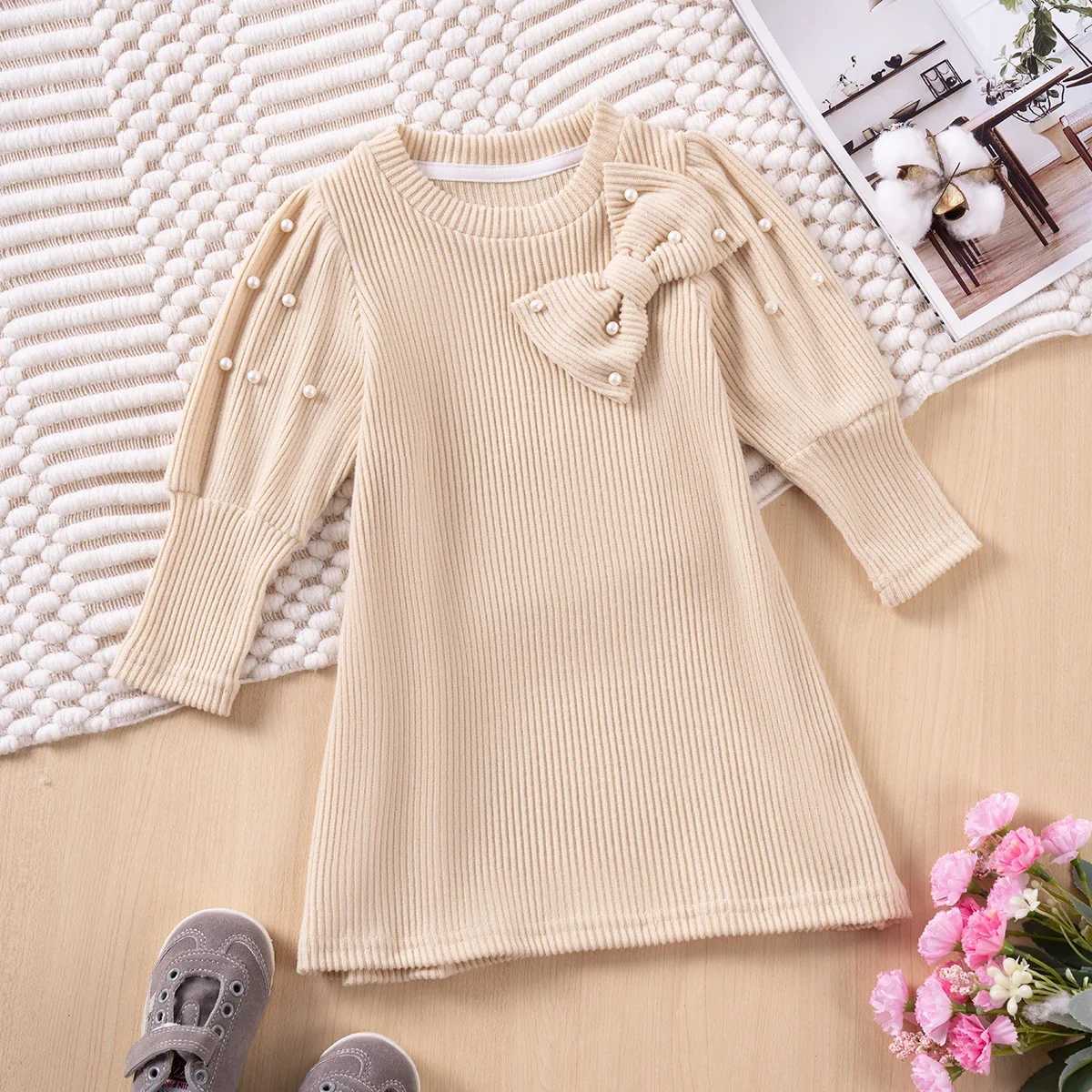 Toddler Girl Spring/Autumn Baby Girl Dress Solid Color Bow Long Sleeve Crew Neck Dress Fashion Bead Decorative Princess DressXJ241206