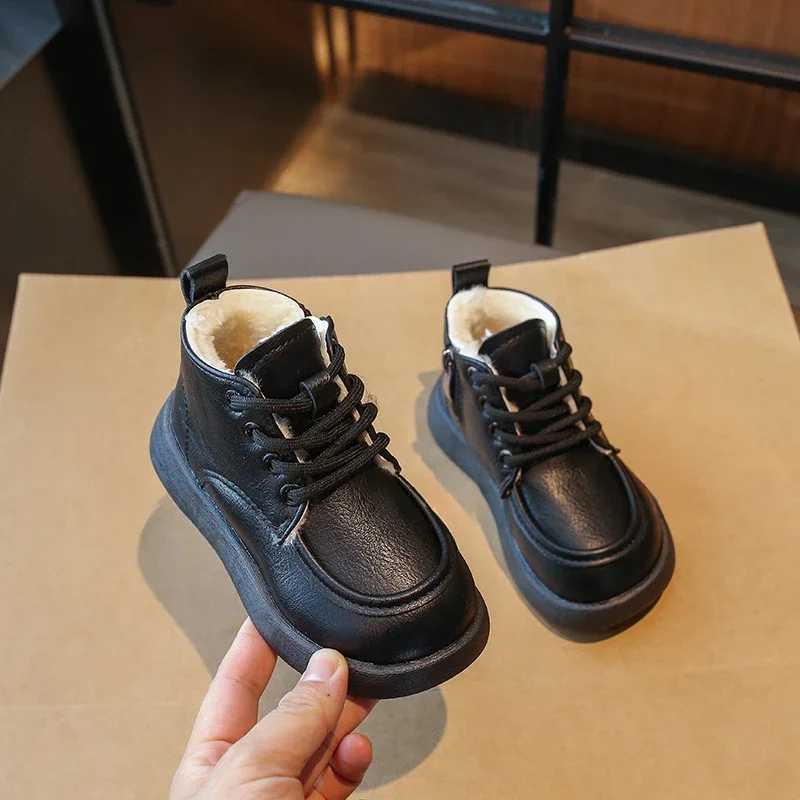 High Top Children PU Leather Boots Fluffy Lined Classic Kids Short Boots Boys Girls Winter School Shoes New Flat Footwear G11133XJ241206