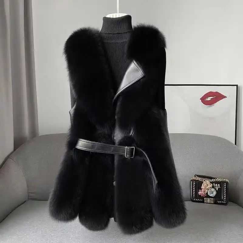 New Imitation Fur Vest With Belt Womens Slim Fit Fashion V-shaped Collar Solid Color Jacket Thickened Sveless Warm TopXJ241206