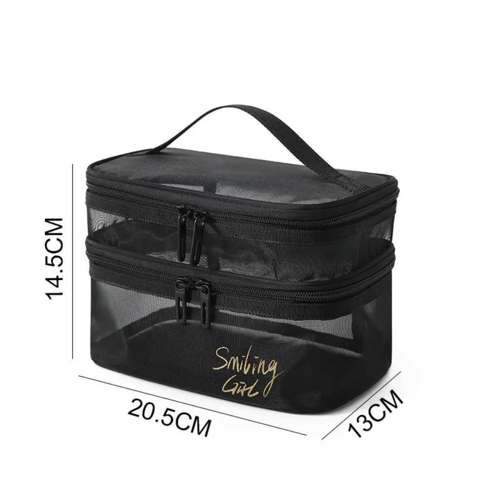 Double-layers Black Mesh Cosmetic Bag Travel Portable Large-Capacity Makeup Case Organizer Storage Pouch Zipper Toiletry BagsXJ241206