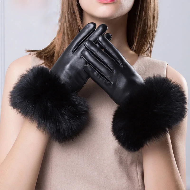 leather gloves with real fox fur womens fashion winter red hands warm black gloves driving mature fur gloves 241206
