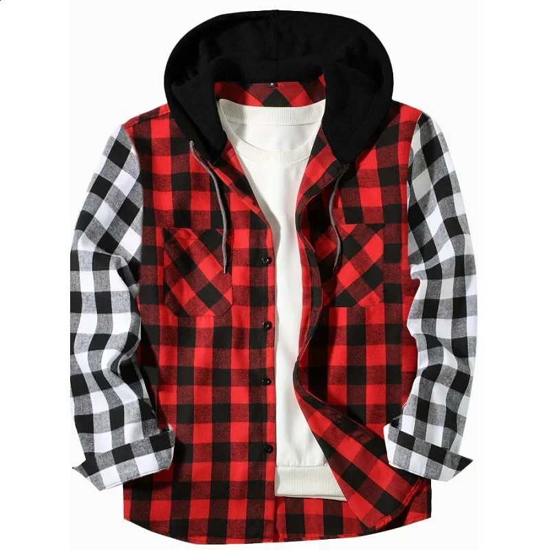 Mens hoodie plain weave patchwork color casual button long sleeved double pocket shirt hoodie flannel jacket spring and autumn top 241205
