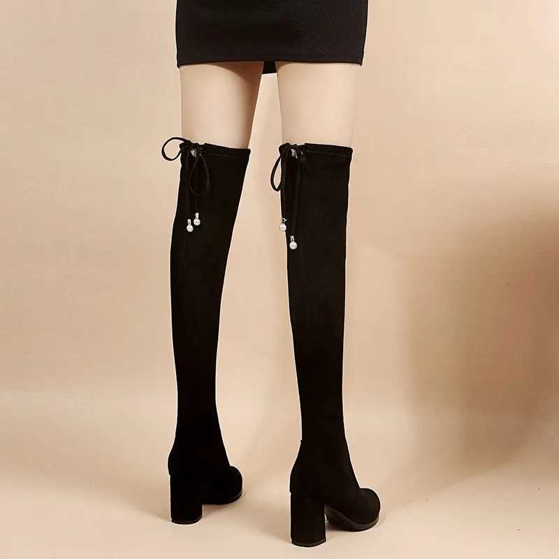 High Quality Size 41 Wens Over The Knee Boots 20 Autumn Fi Fem Platform Boot Ladies Sock Shoes Wan Lg Boots Square Heel T241206