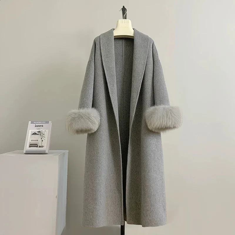 EOEN Womens Long Collar Double sided Autumn/Winter Project Solid Color Simple Detachable Cuffs Fox Fur Coat 241205