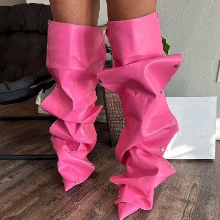 Pointed Toe Fold Knee High Boots Fashion Buckle Stiletto Heels Hot Pink Spring Sexy Girl Wrinkles Party Dress Shoes