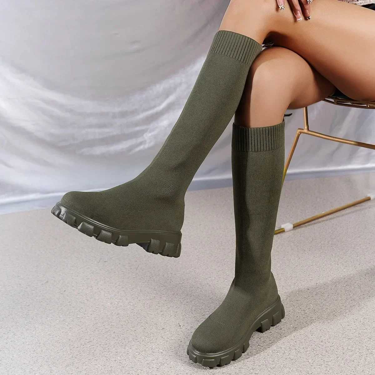 High Quality Thick soled knitted Lg boots suitable for Wenfei elastic socks shoes knee boots round toes low H Botas De Mujer T241206