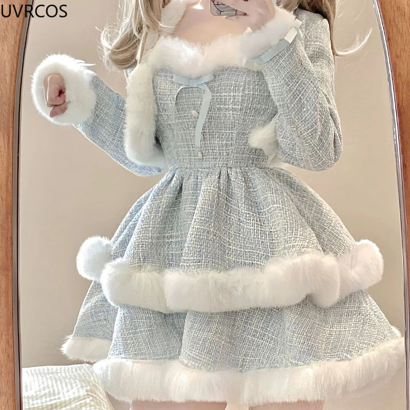 Elegant Korean style coarse woolen plain dress set for womens plush patch work short wool jacket sexy bow mini skiing Japanese fashion 241206