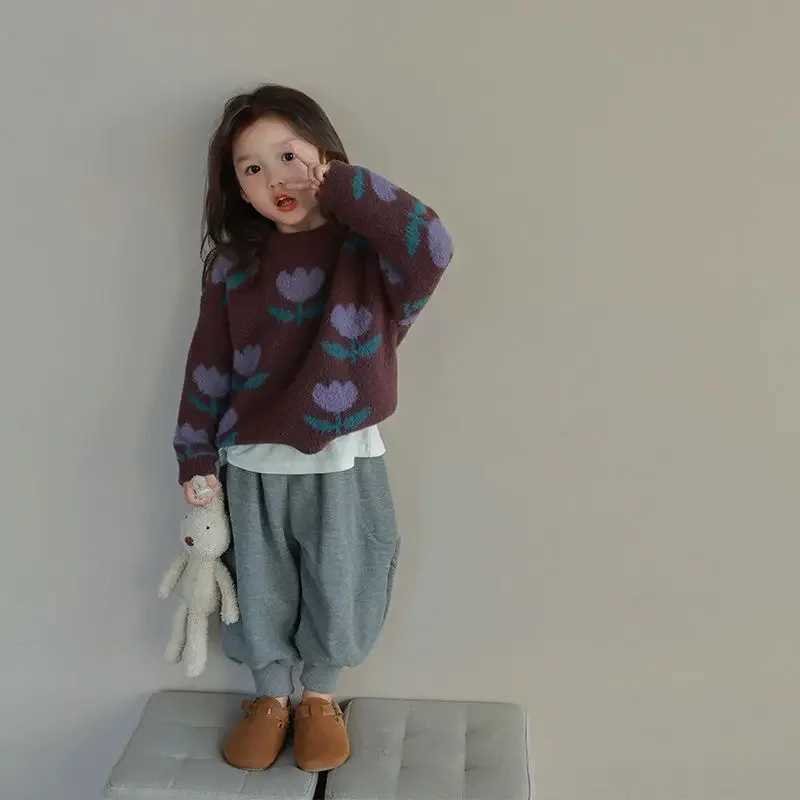 Cardigan Sweater Girl Tulip Flower Pullover Sweater New Korean Fashion Trend Childrens Clothing Round Neck Simple Q241205