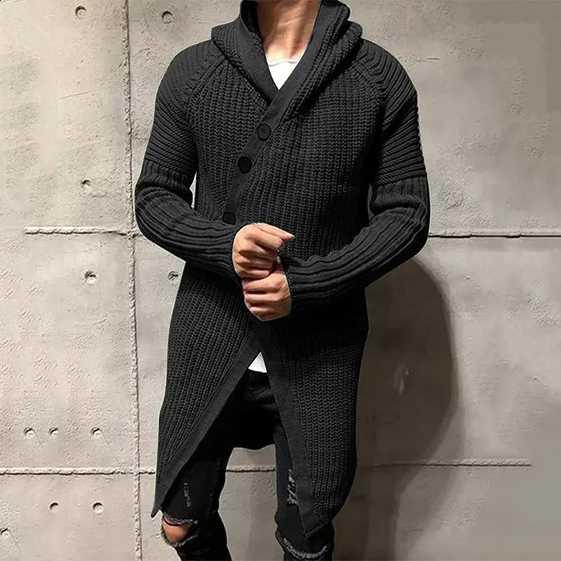 Casual Men Knitted Cardigan Fashion Long Sweaters Males Solid Sleeve Slim Outwear Autumn Winter Warm Hooded Coat Knitwear 241205Z