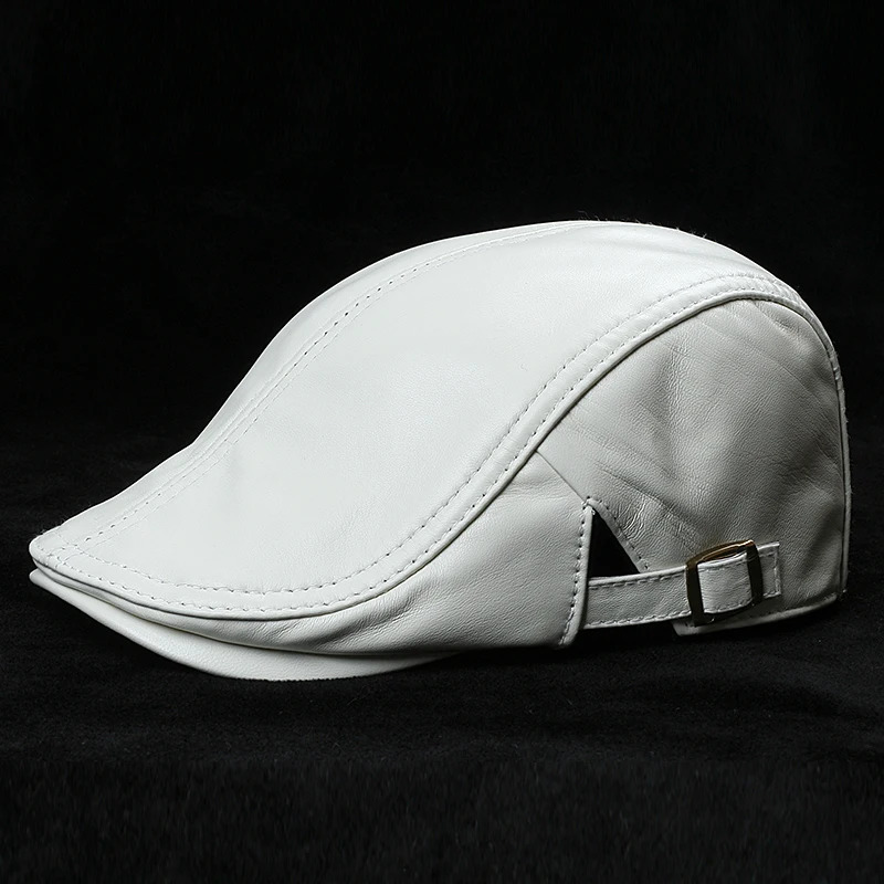 Leather Peaked Cap Mens Spring Single White/Red Thin Boina Unisex Casual True Soft Sheepskin Hat Mens Fashion Beret 241204