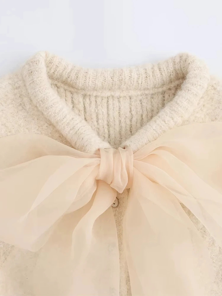 Fluffy Knitted Open Top Womens Large Lace Bow Single Chest Oneck Sweater 2024 Autumn Winter Fashion Loose 241206