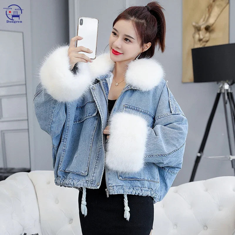 Winter loose denim jacket warm womens oversized fur collar with velvet padding cotton thick 241206