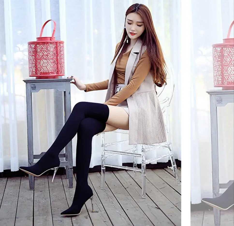 High Quality Fi Streh fabric socks and boots large-sized dot heel knee high thick high lace elastic socks and boots T241206