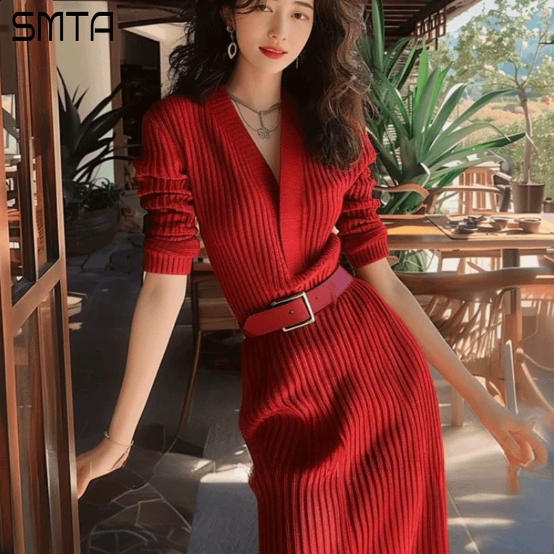 Christmas Red Knitted Sweater Womens Wedding Dress V-neck Long sleeved Belt Nightclub Dress Autumn 241205