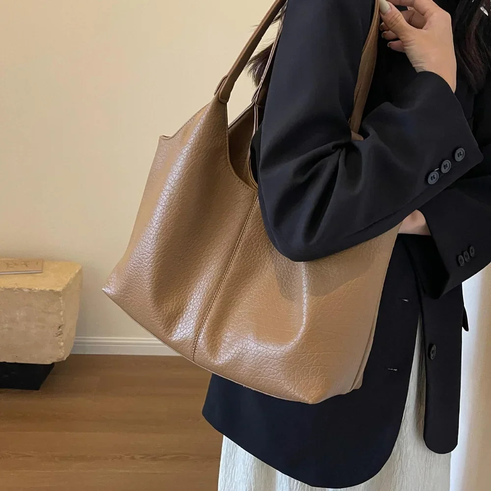 Fashion Retro Leather Tote Bags for Women Trend Female Simple Large Capacity Shoulder Bag Big Solid Color Handbags Purse 241206