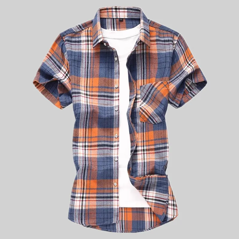 Fashion Striped Plaid Short-sleeved Shirt Men's Single-breasted Square Collar Cotton Shirts Summer Casual Camisa Men Chemise 7XL